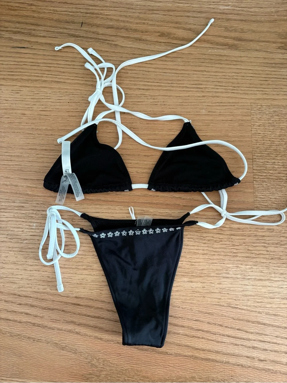Frankie's Bikinis Black Triangle Top with White Ties